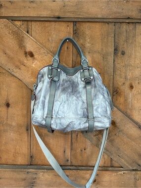MZ Wallace Metallic Gray Distressed Nylon Leather Satchel‎ Crossbody Bag